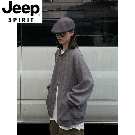 JEEP SPIRIT Japanese retro Henry collar waffle jacket for men and women in spring and autumn loose casual versatile cardigan sweatshirt for men gray M