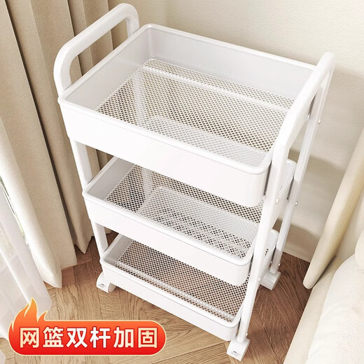 Xinwujia snack cart storage rack living room floor-standing movable multi-layer kitchen bathroom sundry storage rack with wheels carbon steel three-layer white PP material standard style