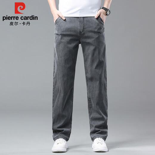 皮尔卡丹（pierre cardin）牛仔裤男春夏季薄款冰丝直筒裤子男士宽松休闲裤男装 烟灰色 32
