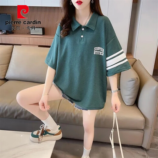 皮尔卡丹夏季新款短袖T恤女POLO领宽松半袖绣花中长款华夫格百搭休闲衣潮 yg-9926灰色 M 【80-110斤】