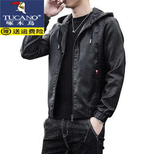Woodpecker (Tucano) Kapuzenlederjacke für Männer Frühling und Herbst Jacke 2024 Neue Lederjacke für Winter-Motorrad-Reiten sowie Fleece-Jacke Hemd für Männer schwarz regulär 2xl geeignet für 135-150jin [Jin gleich 0,5 kg]