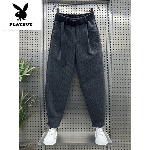花花公子（PLAYBOY）2025新款网红条纹休闲裤男夏季西裤潮流百搭哈伦裤宽松锥形萝卜裤 黑色 28