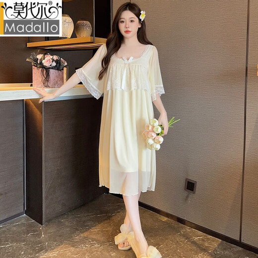 莫代尔带胸垫睡裙女夏季网纱短袖宫廷公主风睡衣甜美可爱蕾丝花边家居服 E-W7373#粉色无胸垫 M