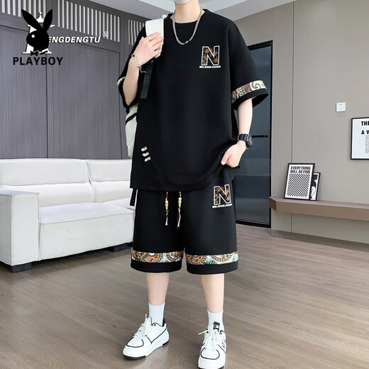 花花公子（PLAYBOY）短袖短裤套装男夏季潮流男款一套男士休闲运动男装一整套夏装 YYW6195绿色套装 品质保证 4XL 建议180-200斤