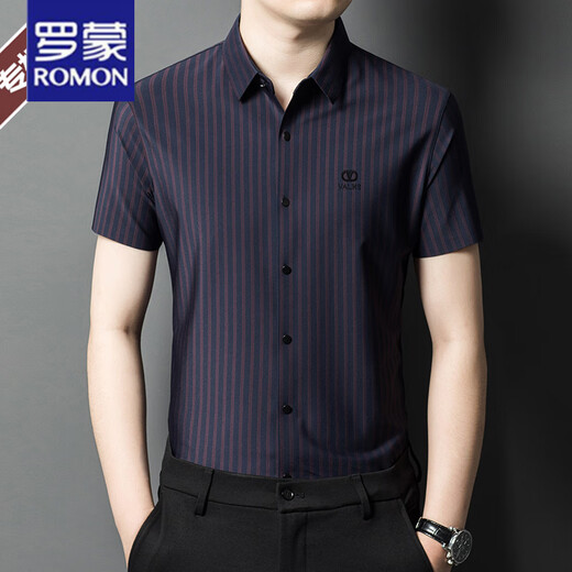 Romon Camisa de manga corta de alta gama para hombres Mulberry Silk 2025 Summer Nuevo producto Negocio Casual sin hierro Camiseta de rayas vertical para hombres Imagen de video principal blanca 62 VERTICAL LLEA CORTA 170L Recomendado 120-140Jin [Jin equivale a 0.5 kg]