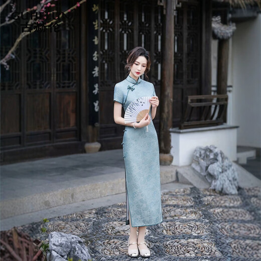 GUHELUN new Chinese style mulberry silk cheongsam slim long 2025 summer new national style elegant young mother style cheongsam dress blue 3XL
