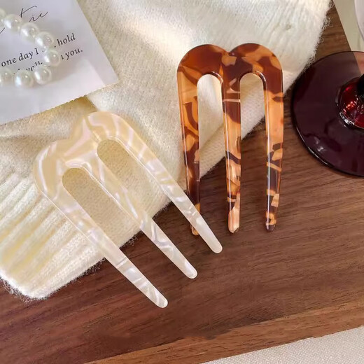 Idel French high-end U-shaped hair three-tooth acetic acid hairpin comb ball head comb clip hairpin hairpin simple hair comb F3324 acetic acid three-tooth M hairpin - coffee color + beige