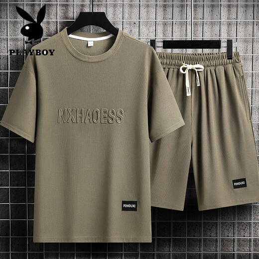 花花公子（PLAYBOY）夏季男士运动套装短袖T恤上衣宽松大码短袖短袖休闲套装帅气搭配 套装829咖色 M 建议穿90-110斤