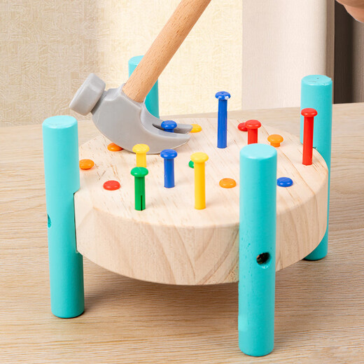MPPMCK Montessori teaching aids Early education wooden nail knocking hammer pile driving table toys 1-6 year old children concentration training round 5 color nail knocking table [Career teacher]