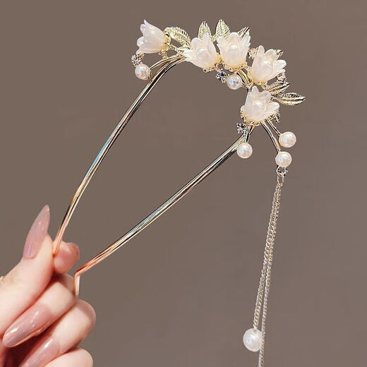 Jieyi super fairy lily of the valley pearl tassel U-shaped hairpin women's new Chinese style hairpin hairpin ancient style cheongsam accessories 1 white lily of the valley tassel U-shaped hairpin 13cm