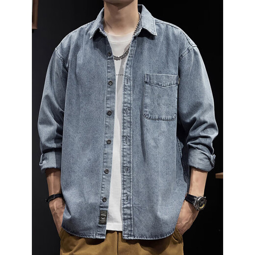 Nanjiren denim shirt men's retro new casual work jacket 2025 autumn American blue long-sleeved lining Z757 blue 2XL [weight 160-180Jin [Jin equals 0.5 kg]]