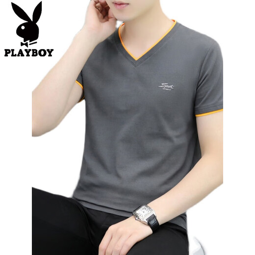 花花公子（PLAYBOY）莫代尔棉男士短袖t恤2025夏季V领刺绣冰丝冰感半袖体恤上衣服男潮 Q691白色 M 建议：95-115斤