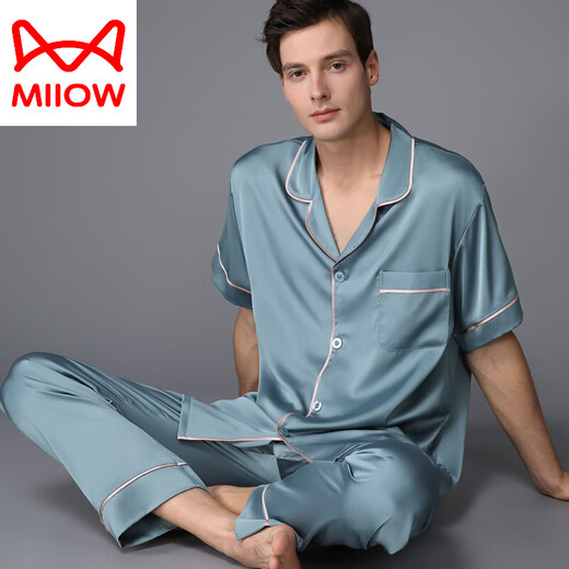 猫人（MiiOW）睡衣男夏季真丝薄款短袖长裤春秋家居服丝绸感欧美2025新款 浅灰色 3899 L (体重100-130斤)