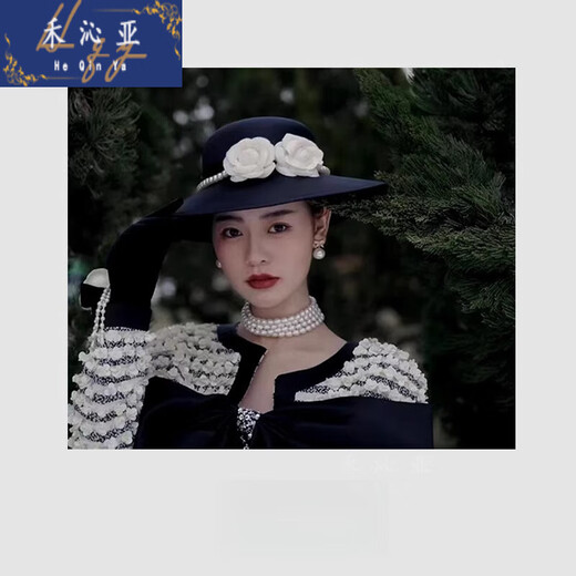 Heqinya camellia sun hat top hat British French elegant pearl edge hat photo studio enlarged brim hat black adjustable