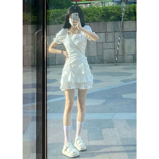 FHHUABD Internet Celebrity White Kleid für Frauen im Sommer, rein, schlank und hüftgerüste, süße erste Liebe weiße Puffärmel 698# [Weißer langer Stil] L empfohlen 100-110Jin [Jin ist 0,5 kg]