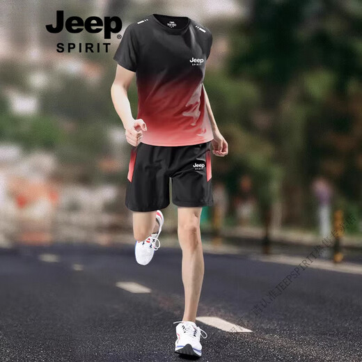 
JEEP SPIRIT Jeep JEEP Running Training Set Men's Summer Ice Silk Quick-Drying Short-Sleeve T-Shirt Sports Basketball Badminton Clothes JP-9901 Black Red M