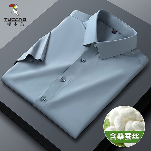 Woodpecker Mend à manches courtes avec une soie de mûrie, une chemise décontractée de style Summer, une chemise sans moustiquaire à demi-manche sans mousse, bleu clair, bleu clair, M 3890-115jin [Jin est égal à 0,5 kg] usure