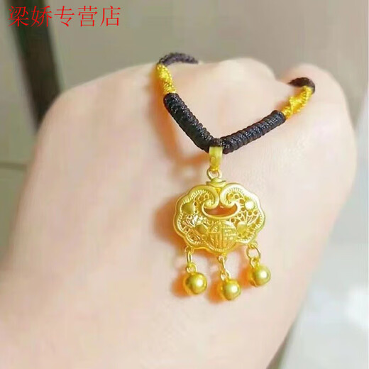GRAYCEWODY Old Phoenix 999 Gold Peace Lock Pendant Women's Fortune Longevity Lock Pendant Braided Black Rope Clavicle Necklace Niche Peace Lock Pendant With Rope Old Phoenix Gold Store Model