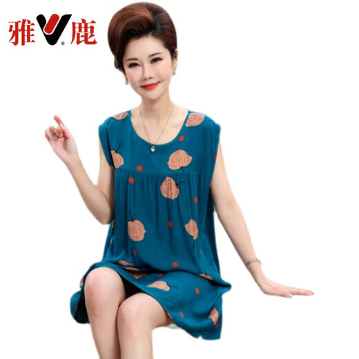 雅鹿中老年睡裙女夏季棉绸背心妈妈可外穿无袖家居服夏天薄款加肥加大 1105 XL 建议120-140斤穿