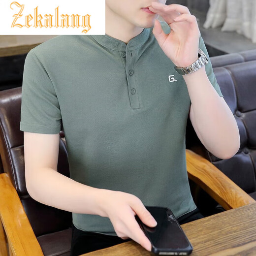 泽卡狼（ZEKALANG）2025新款珠地棉polo衫男夏季高端简约立领短袖t恤白色亨利衫 绿色 XL