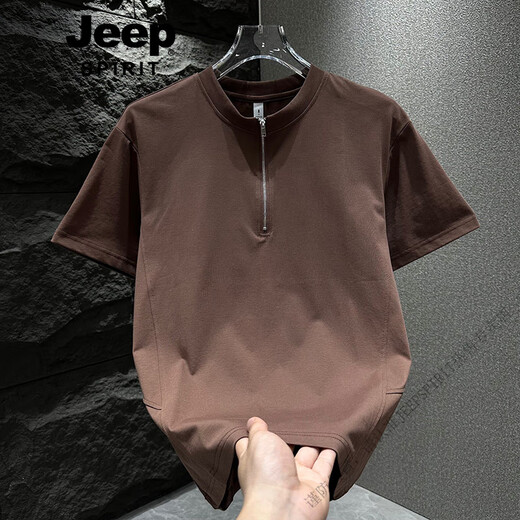 Jeep Spirit Camiseta de manga corta para hombres 2025 Tendencia de verano Semi-Zipper Cool Color sólido Camiseta versátil Versátil Negro 1585 Modelo M 95-120Jin [Jin iguala 0.5 kg]