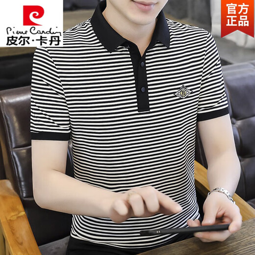 皮尔卡丹条纹短袖t恤男士POLO.衫夏季丝光棉翻领半袖体恤夏装t 白色【6627】 M 【90-110斤】