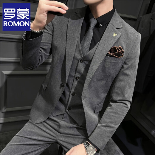 ROMON Groom's Suit Men's Three-piece Complete Set Korean Style Slim Temperament Business Casual Formal Wedding Groomsmen Dress SJT9931 Black 2XL