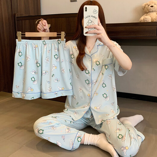 春夏季睡衣女卡通牛奶丝三件套家居服 14122 170 M