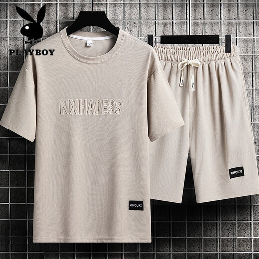 花花公子（PLAYBOY）夏季男士运动套装短袖T恤上衣宽松大码短袖短袖休闲套装帅气搭配 套装829咖色 M 建议穿90-110斤