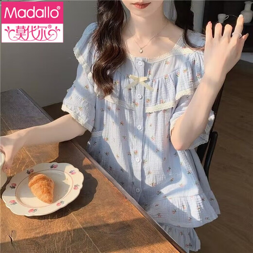 莫代尔棉质睡衣女夏季2025新款短袖田园风碎花少女生甜美夏天薄款家居服 M1283LA 小粉花 蓝色 M