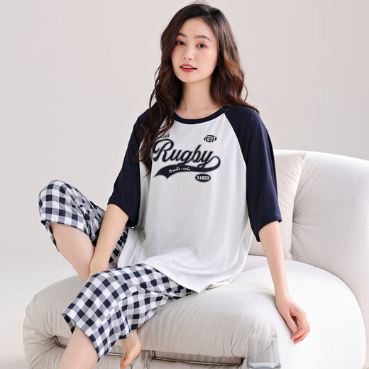 
Meijun large size pajamas for women in summer modal short-sleeved loose women's cropped pants home clothing set summer thin XPW7029 M