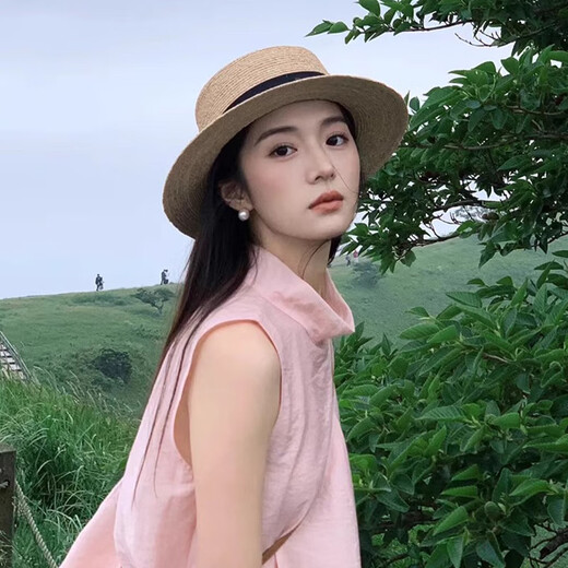 津炳胜草帽女法式平顶草帽女款大头围平檐海边沙滩度假礼帽大码编织帽 【凹顶卡其+黑带】 编织防晒帽