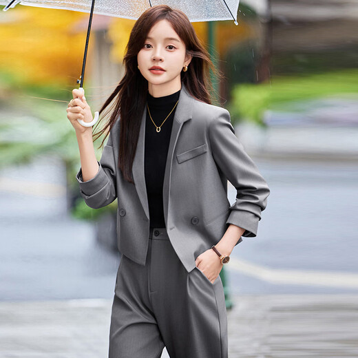 Kurzanzug Jacke für Frauen mit kleinen Frühlings- und Herbstkleidung Temperament Goddess Stil Zwei-teilige Hosen Mode Casual Anzug Set GDX12350 Grauer Anzug + Hose + schwarzer Hossport S