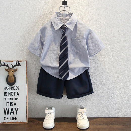 
G.DUCKKIDS little yellow duck children's clothing boys summer suit handsome children's suit summer Korean version one-year-old clothes baby boy dress striped suit + tie 90 size 1-1 and a half years [80-90cm]