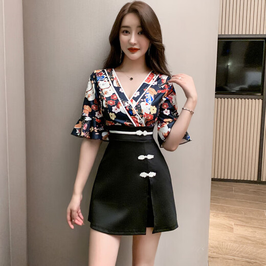 A 21 FUNB新款减龄足疗店女技师工作服时尚印花连衣裙显瘦气质沐足按摩套装 1391黑色 S