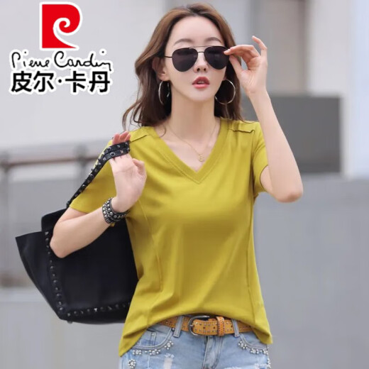 皮尔卡丹（pierre cardin）时尚休闲v领纯棉正肩短袖T恤女夏季韩版新款宽松黑色短袖薄款体恤 酒红色纯棉9855 S 85-95斤