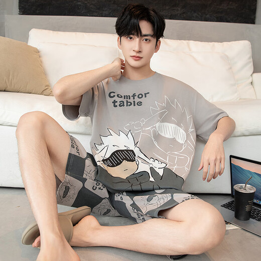 Jóvenes palabras de amor Pajamas Hombres de verano Algodón corto puro pantalones cortos de manga corta Cartoon estudiante de algodón completo de algodón delgada de verano Conjunto de ropa WB1504 XL 130-155Jin [Jin iguala 0.5 kg]
