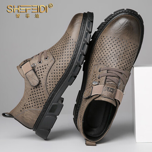 Shefeidi Light Luxury High-End Brand Herrenschuhe 2025 New Hollow atmable Hole Schuhe lässige Lederschuhe Britische Arbeitsschuhe Herren High-End-Khaki (Lochgesicht) 40