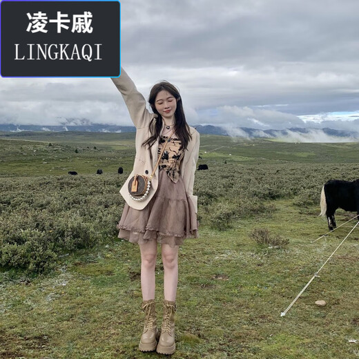 Lingka Qi robe à bretelles imprimée rétro taille fraîche bretelles en dentelle amincissante petite robe en maille bouffante jupe à bretelles blanche (jupe rétro) 1098 S