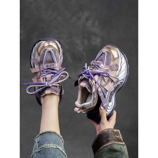 EHANGY2025 Herbst Neue High-End European Color Dad Schuhe für Frauen trendy coole echte Leder Retro Dicke alleinige Sportarten und Freizeit-Frauenschuhe Burgund 37