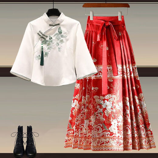 S.SOFEA薄荷绿新中式汉服连衣裙女夏季新款国风马面裙套装 汉服上衣+1289粉色马面裙 两件套 L 建议100-120斤