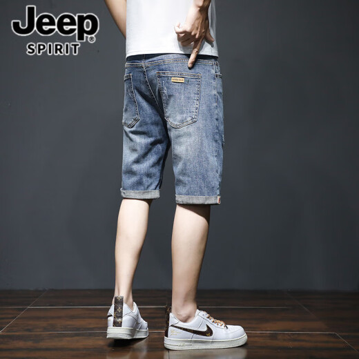 
JEEP SPIRIT Jeep denim shorts men's summer thin loose trendy brand five-point mid-pants Korean style trendy ripped elastic 5-point short 689 blue ripped model + 331 blue gray 36 [(2 feet 8) Weight 165-175 Jin [Jin equals 0.5 kg]]