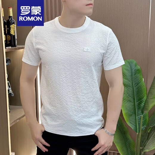 Romon (Romon) 2025 Neues T-Shirt für Männer im Sommer leichter Luxus vielseitiger runder Nacken cooles Gefühl hochwertiger trendiger halbärmeliger Eisseide-Hemd 1105 Weiße leichte Luxus-Textur m 90-105jin [Jin gleich 0,5 kg]