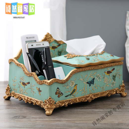 Europäische leichte Luxus-High-End-Fernbedienung Taschentuch-Aufbewahrungsbox Haushalt Amerikanische Box Wohnzimmer Multifunktions-Papierbox Retro-Papier 1047 Blue Oriole Blossom Side Drawer