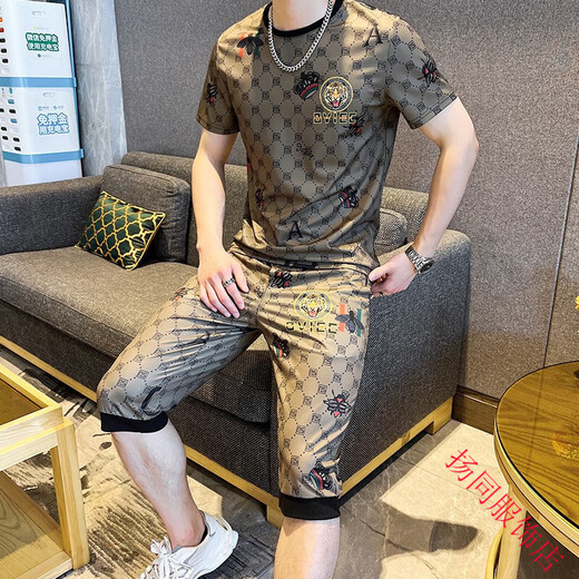 Kuqi Kangaroo European short-sleeved men's summer fashion brand trendy high-end ice silk quick-drying T-shirt for men to wear a complete suit Pishuai T 829 Khaki suit 2XL suitable for 135-150Jin Jin is equal to 0.5 kg