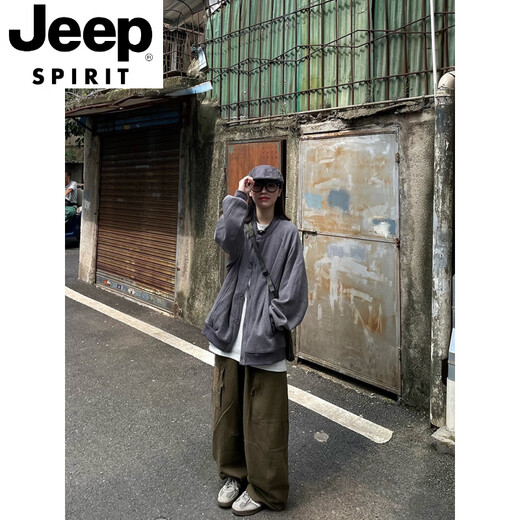 JEEP SPIRIT Japanese retro Henry collar waffle jacket for men and women in spring and autumn loose casual versatile cardigan sweatshirt for men gray M
