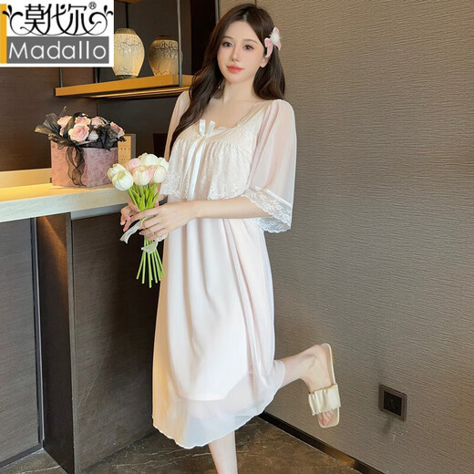 莫代尔带胸垫睡裙女夏季网纱短袖宫廷公主风睡衣甜美可爱蕾丝花边家居服 E-W7373#粉色无胸垫 M