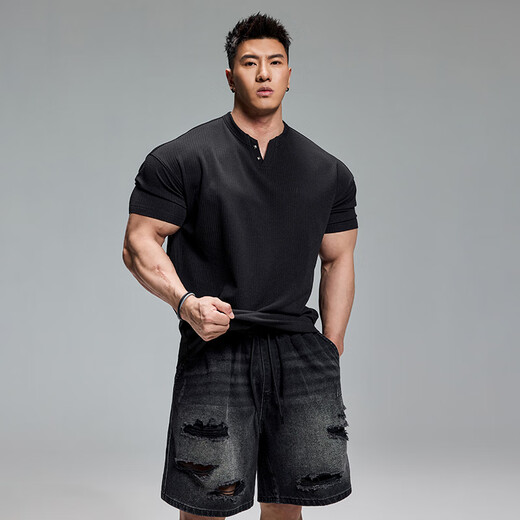 MUSCLEDOG肌肉狗 健身短袖男夏季新品撞钉宽松休闲亨利衫训练服运动T恤 黑色 XL
