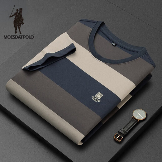 Larren Paul Knight Men's Round Neck T-shirt Short Sleeve Stripe Color Block Summer High-end Top Business Casual Loose Large Size Trendy Brand a 6197-Denim Blue M 48
