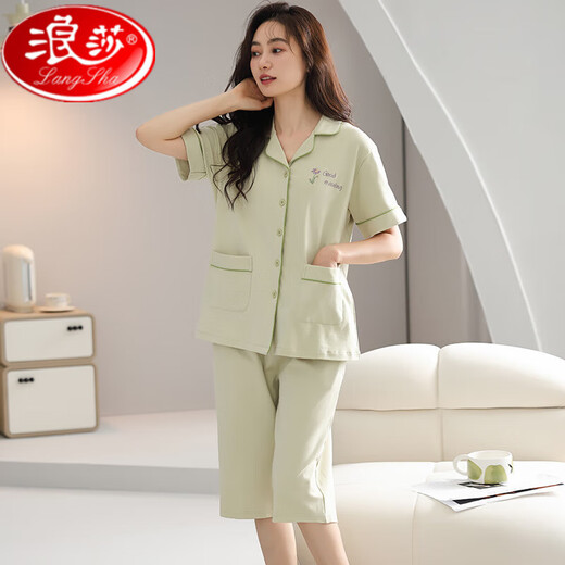 浪莎中老年人妈妈睡衣女夏季纯棉短袖七分裤休闲开衫家居服两件套装薄 N9892 M 80-100斤